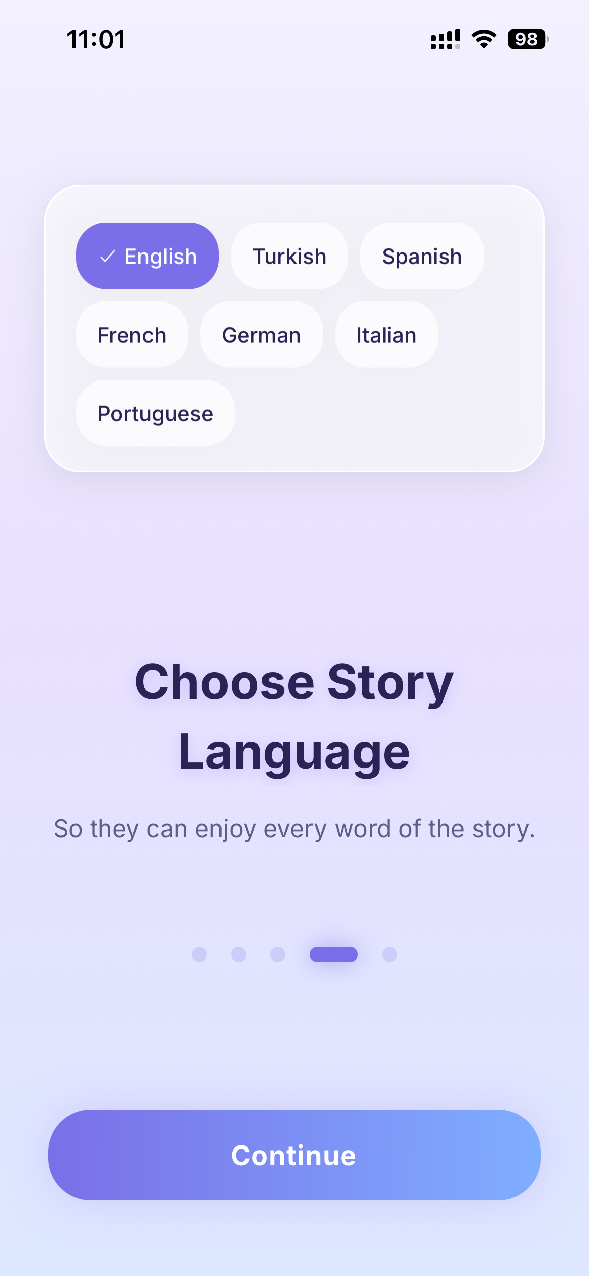 Talemoon onboarding: choose story language