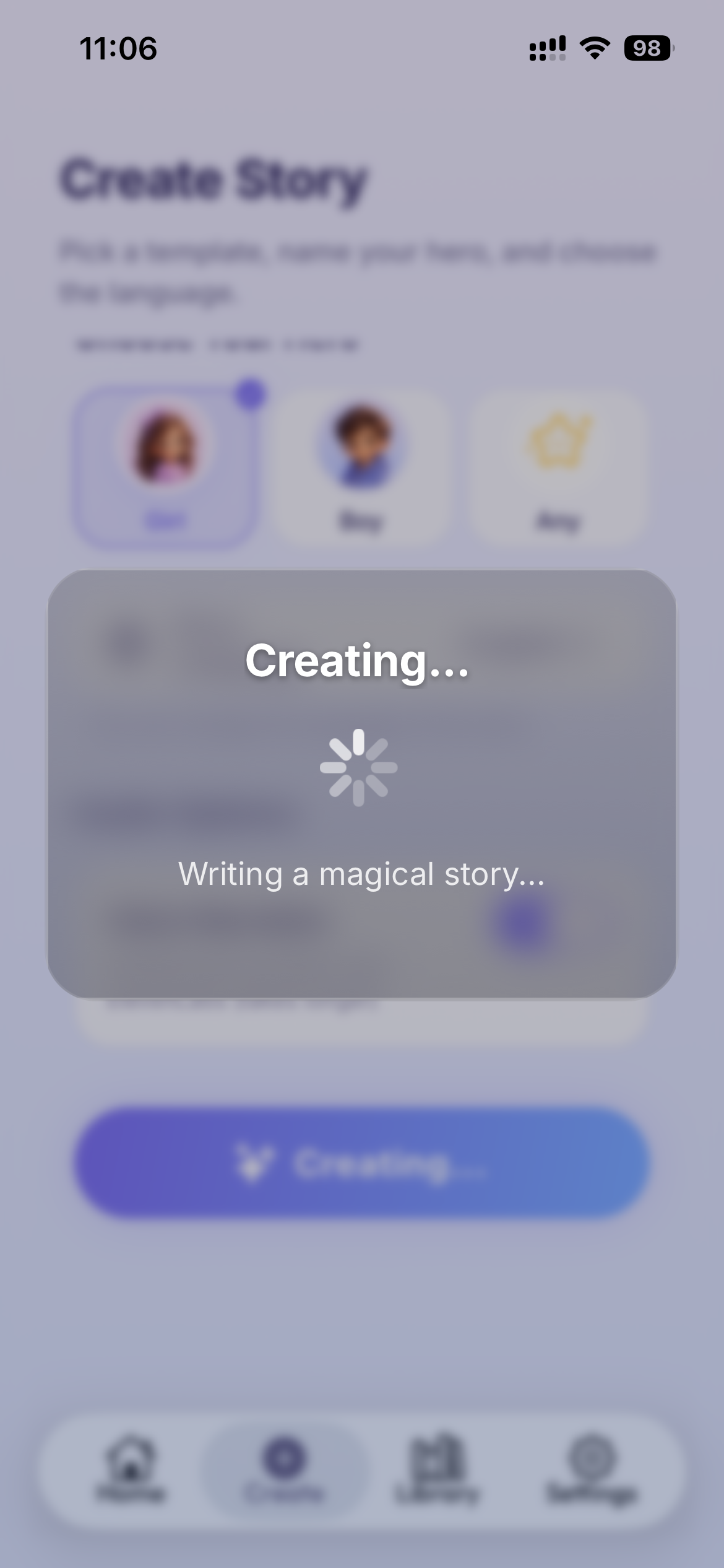 Talemoon creating story loading modal
