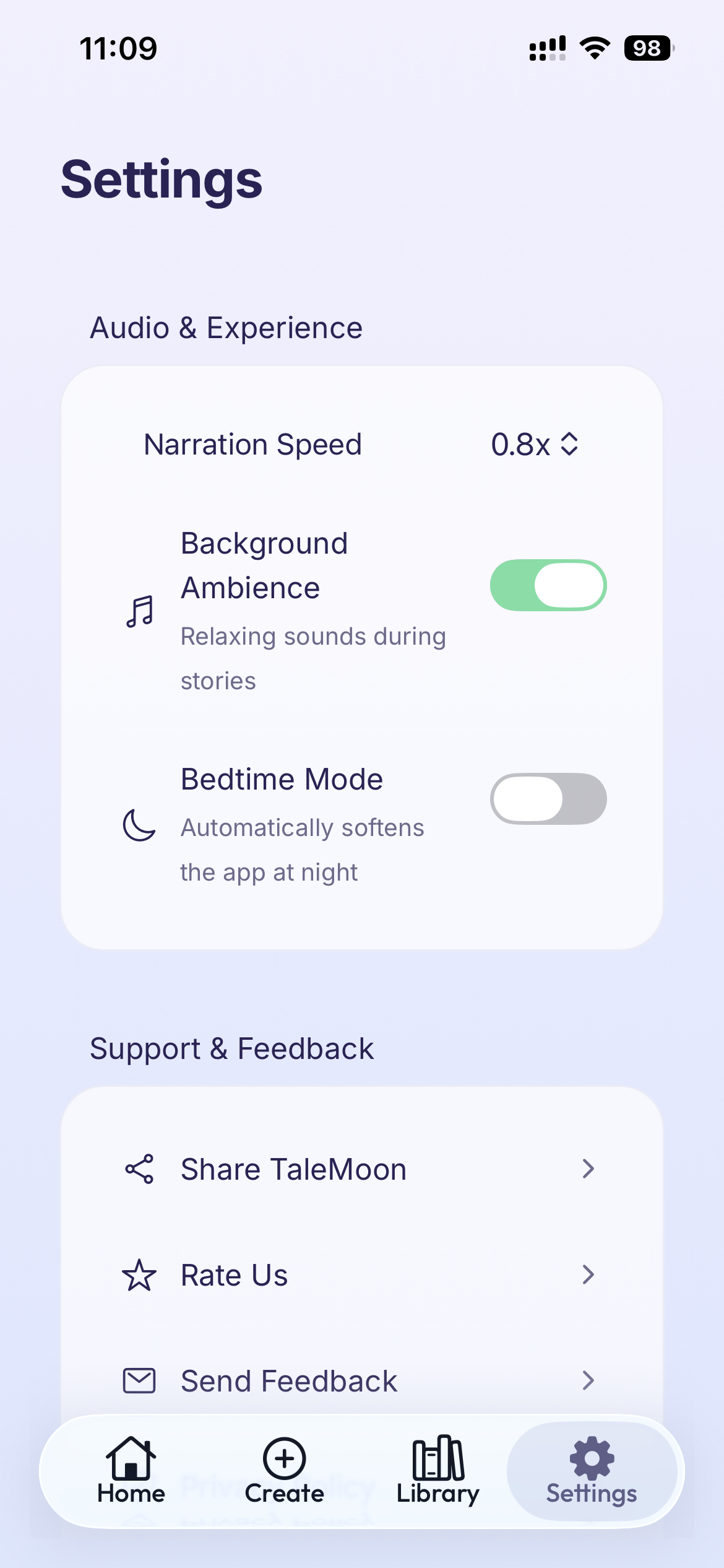 Talemoon settings audio and experience