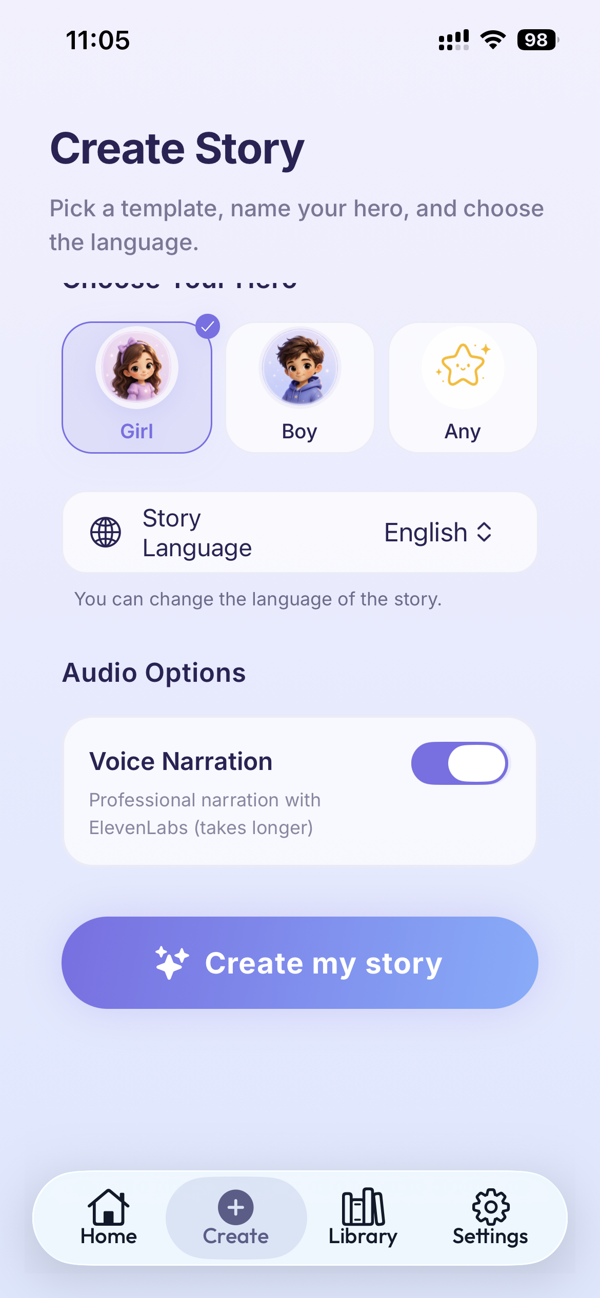 Talemoon create story audio options