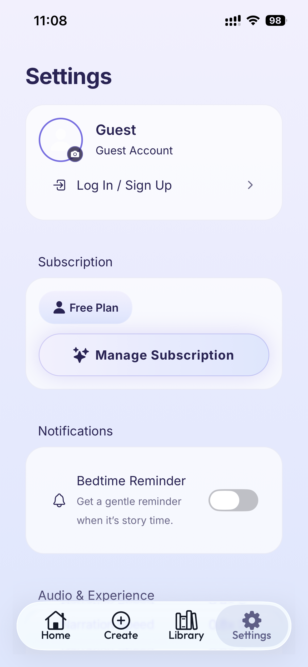 Talemoon settings account subscription and bedtime reminder