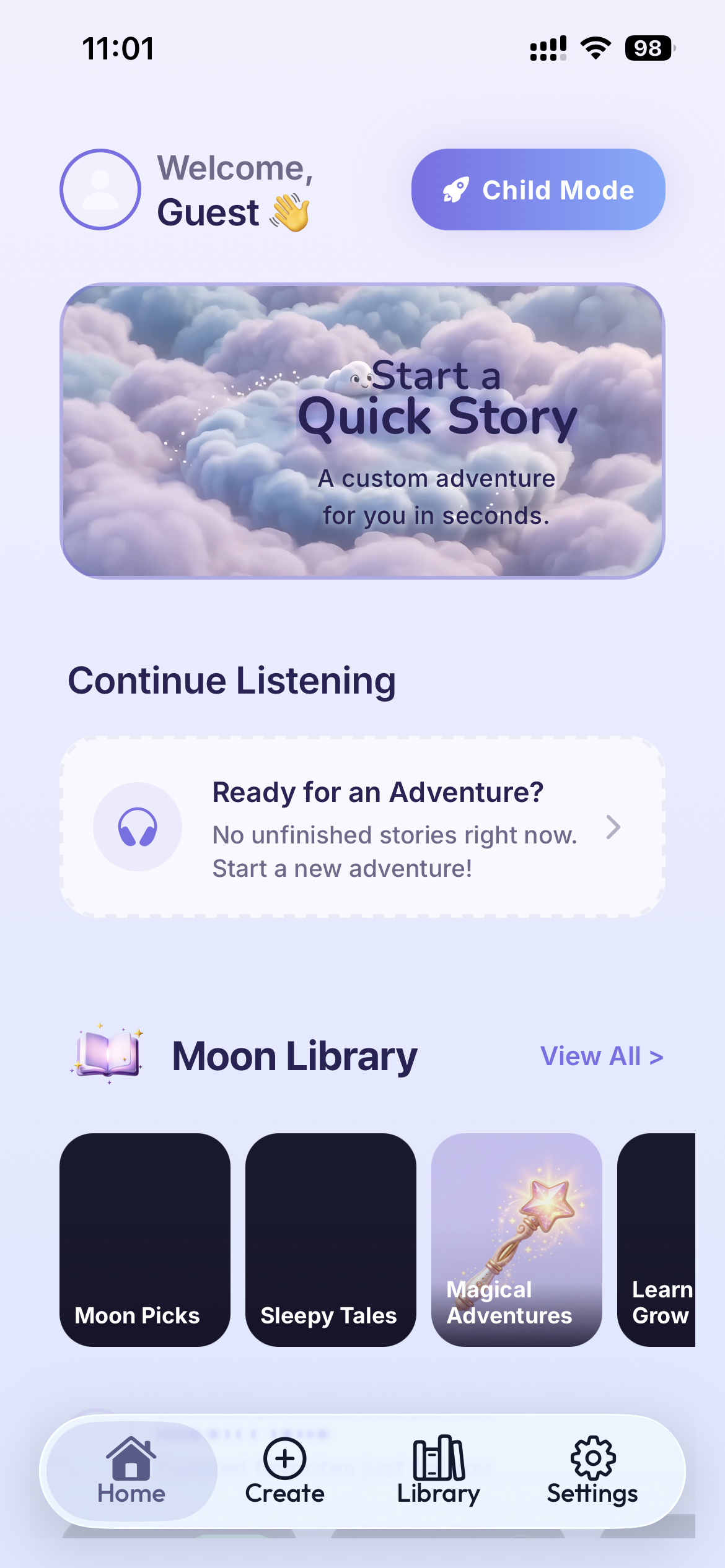 Talemoon home with quick story and Moon Library