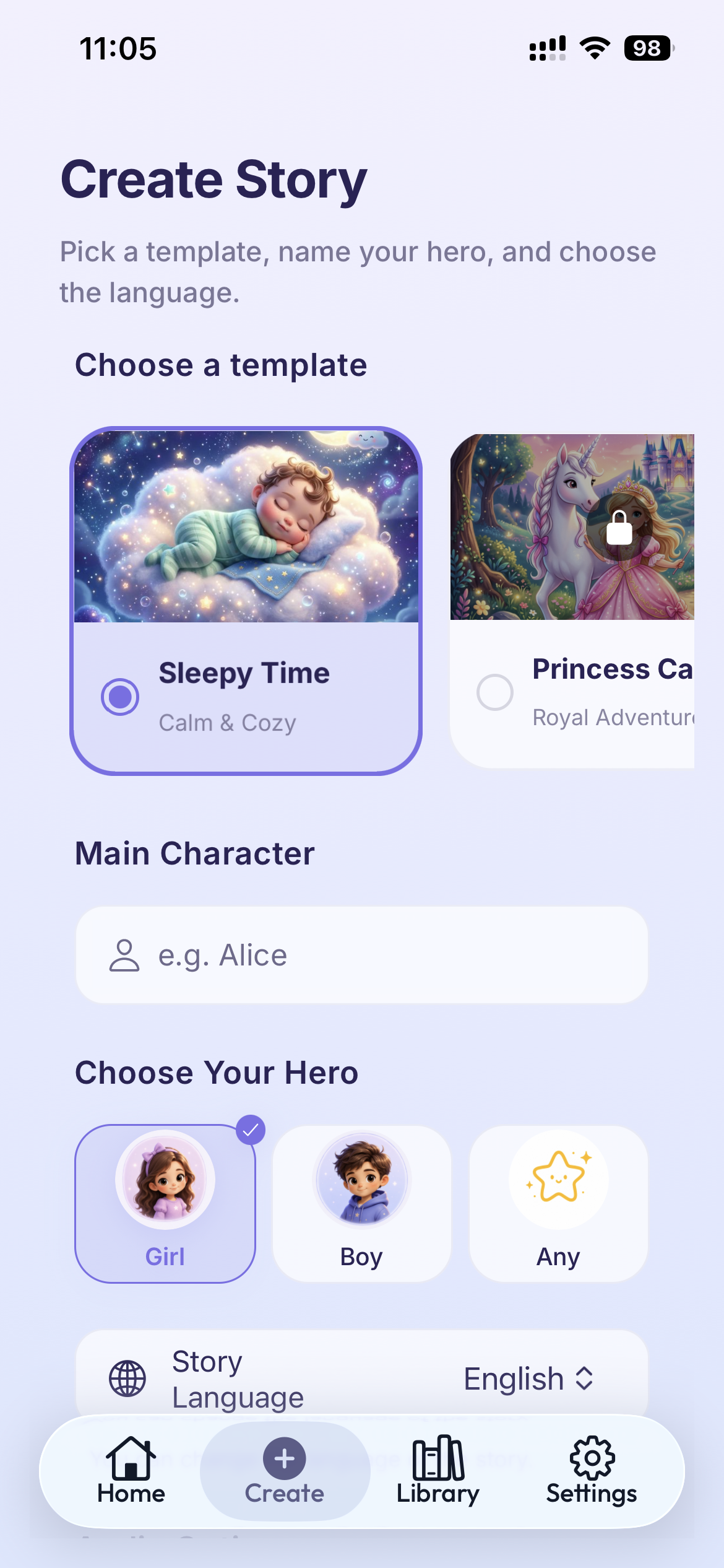 Talemoon create story with template and main character